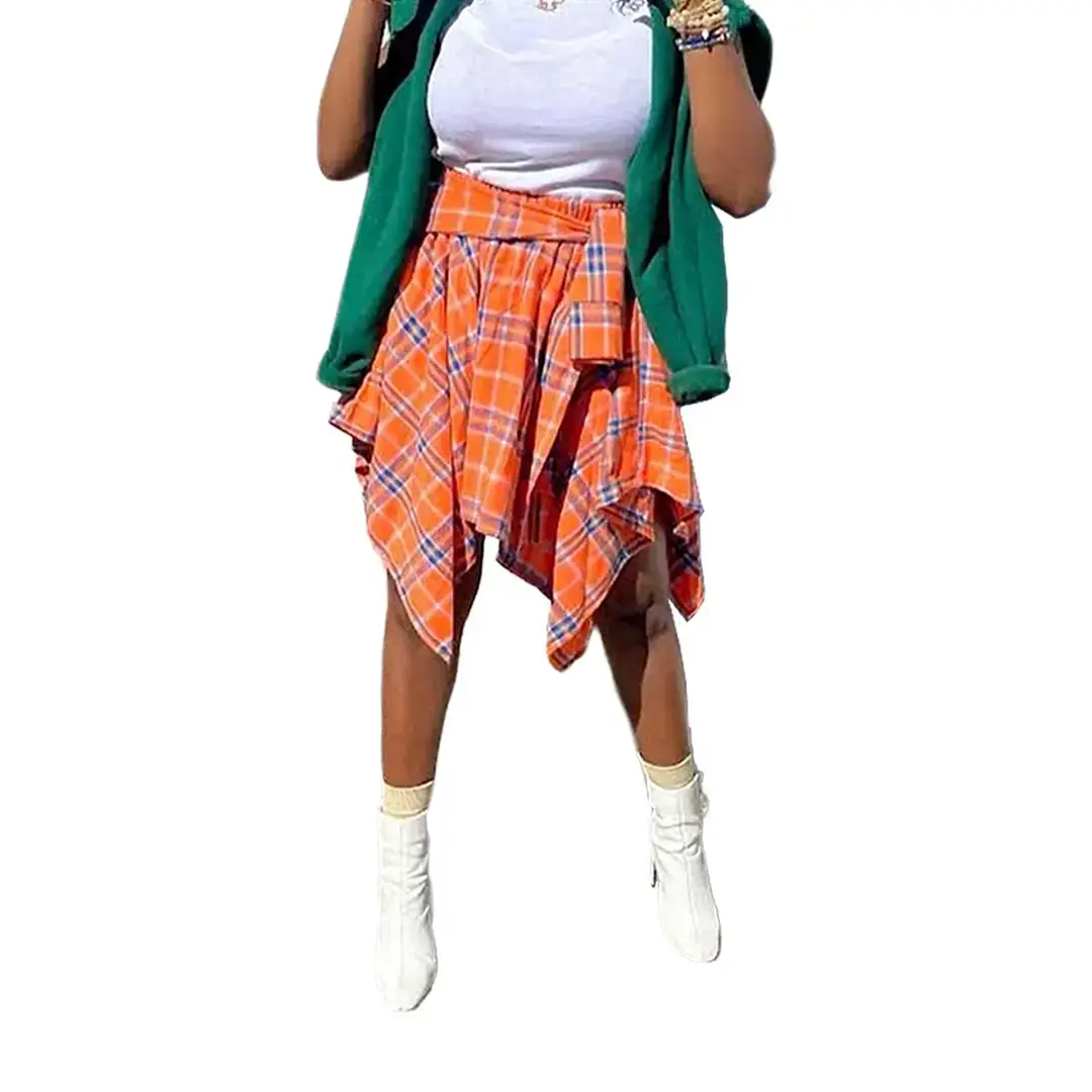 Orange Plaid Asymmetrical Skirt with Green Jacket - Image 2