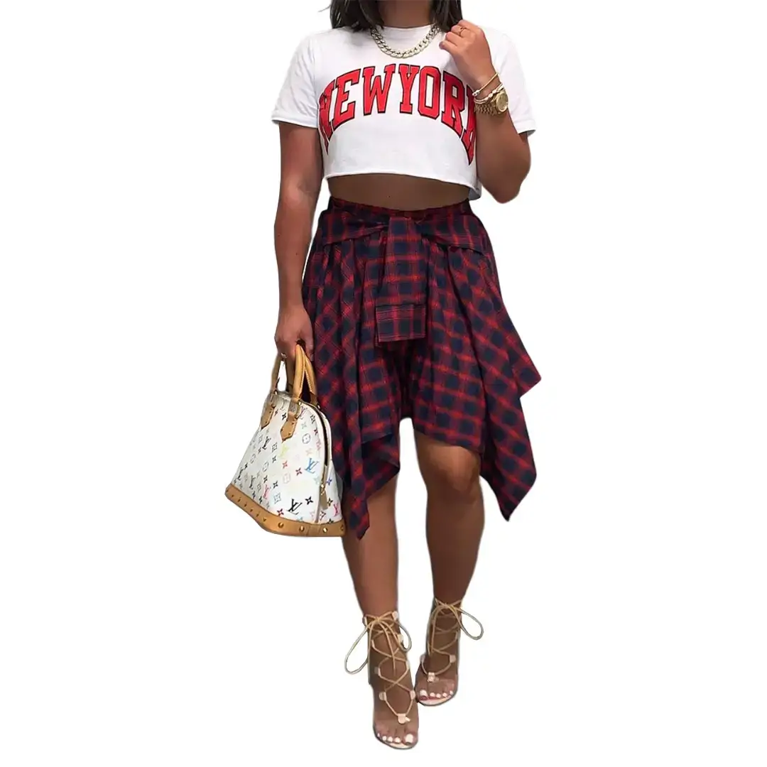 Orange Plaid Asymmetrical Skirt with Green Jacket - Image 3