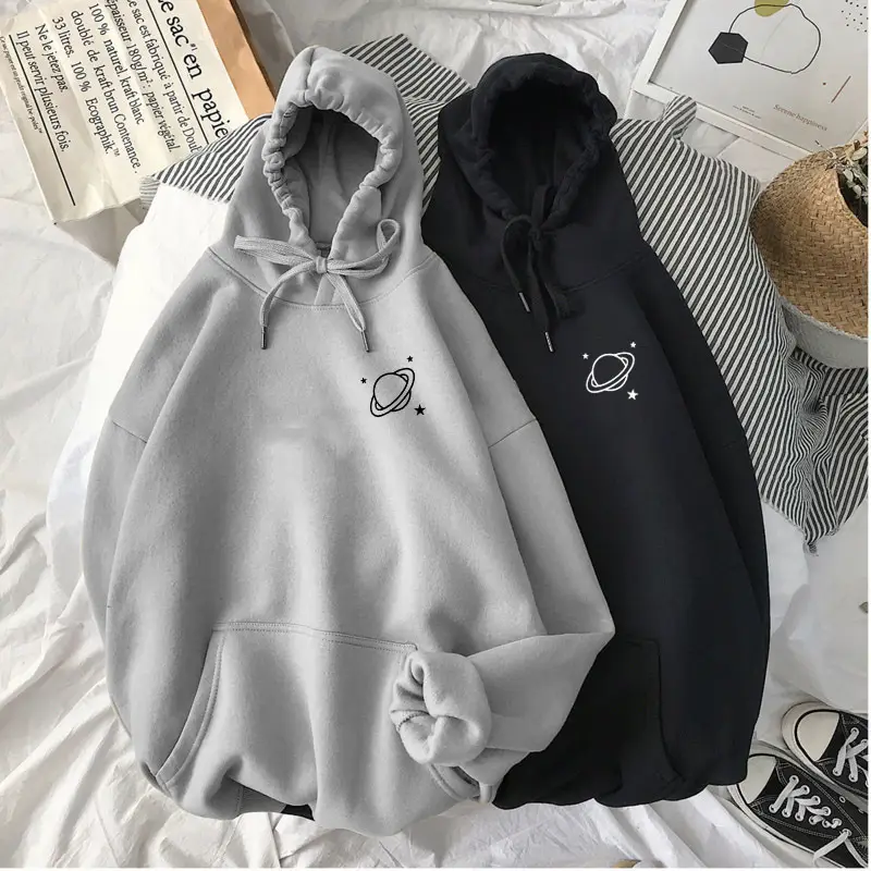 Black Fleece Hoodie Women's Winter Loose Fit