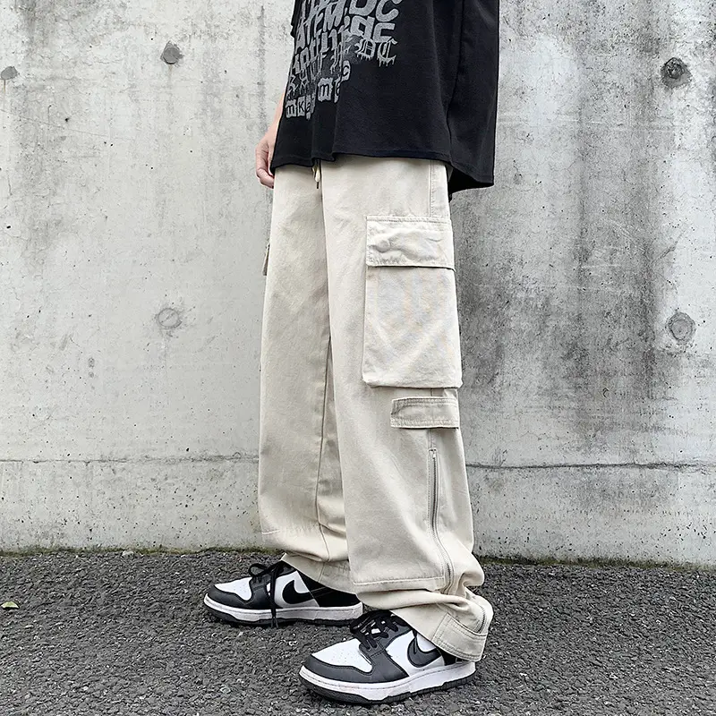 Japanese Style Cargo Pants Men Black Wide Leg Zipper Pants - Image 2