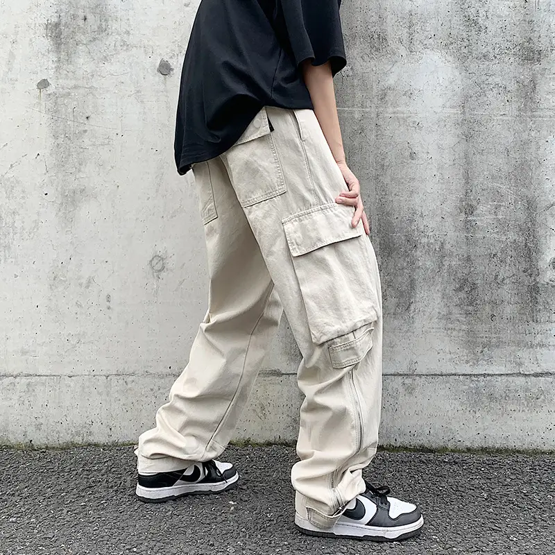 Japanese Style Cargo Pants Men Black Wide Leg Zipper Pants - Image 3