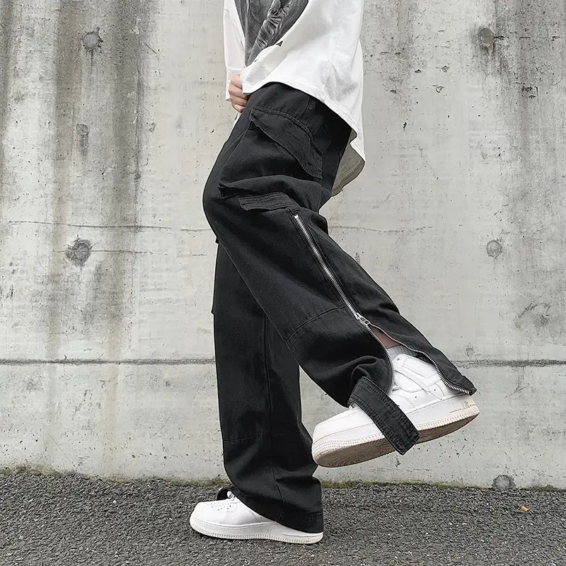 Japanese Style Cargo Pants Men Black Wide Leg Zipper Pants - Image 4