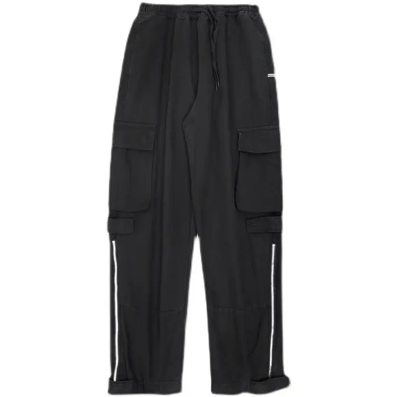 Japanese Style Cargo Pants Men Black Wide Leg Zipper Pants - Image 5