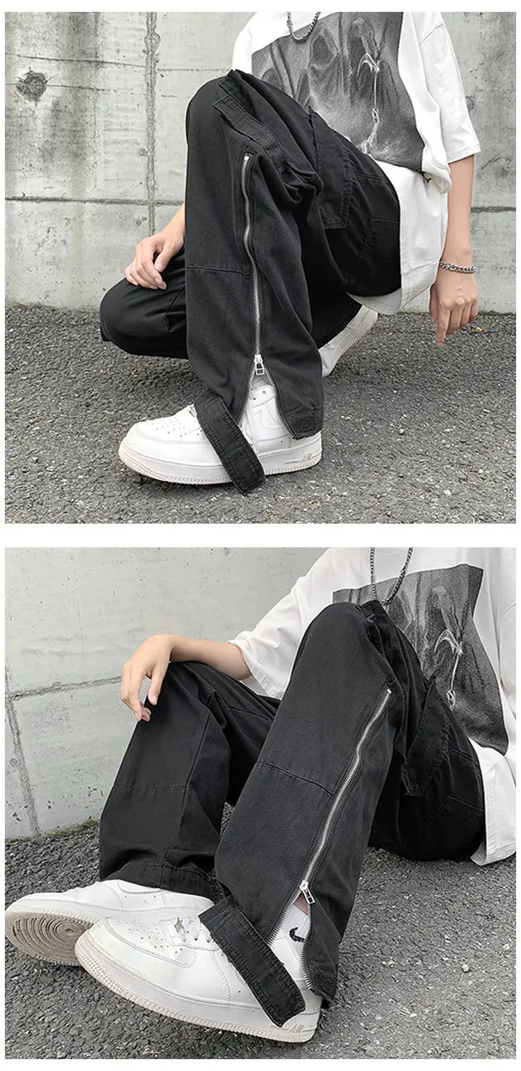 Japanese Style Cargo Pants Men Black Wide Leg Zipper Pants — feature 18