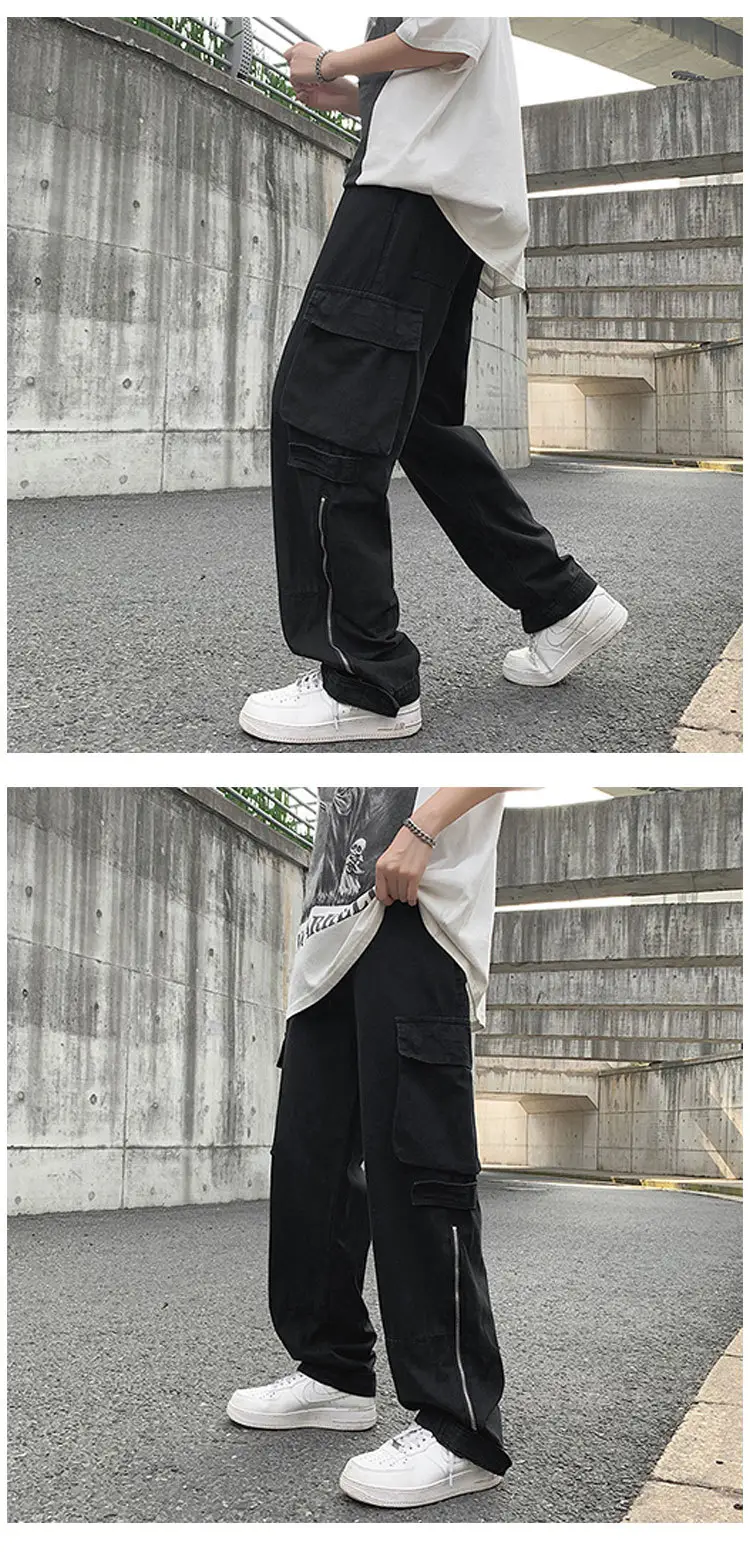 Japanese Style Cargo Pants Men Black Wide Leg Zipper Pants — feature 19
