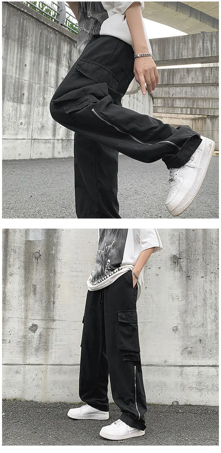 Japanese Style Cargo Pants Men Black Wide Leg Zipper Pants — feature 20