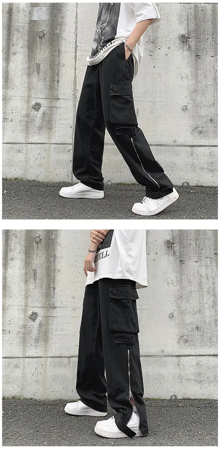 Japanese Style Cargo Pants Men Black Wide Leg Zipper Pants — feature 21