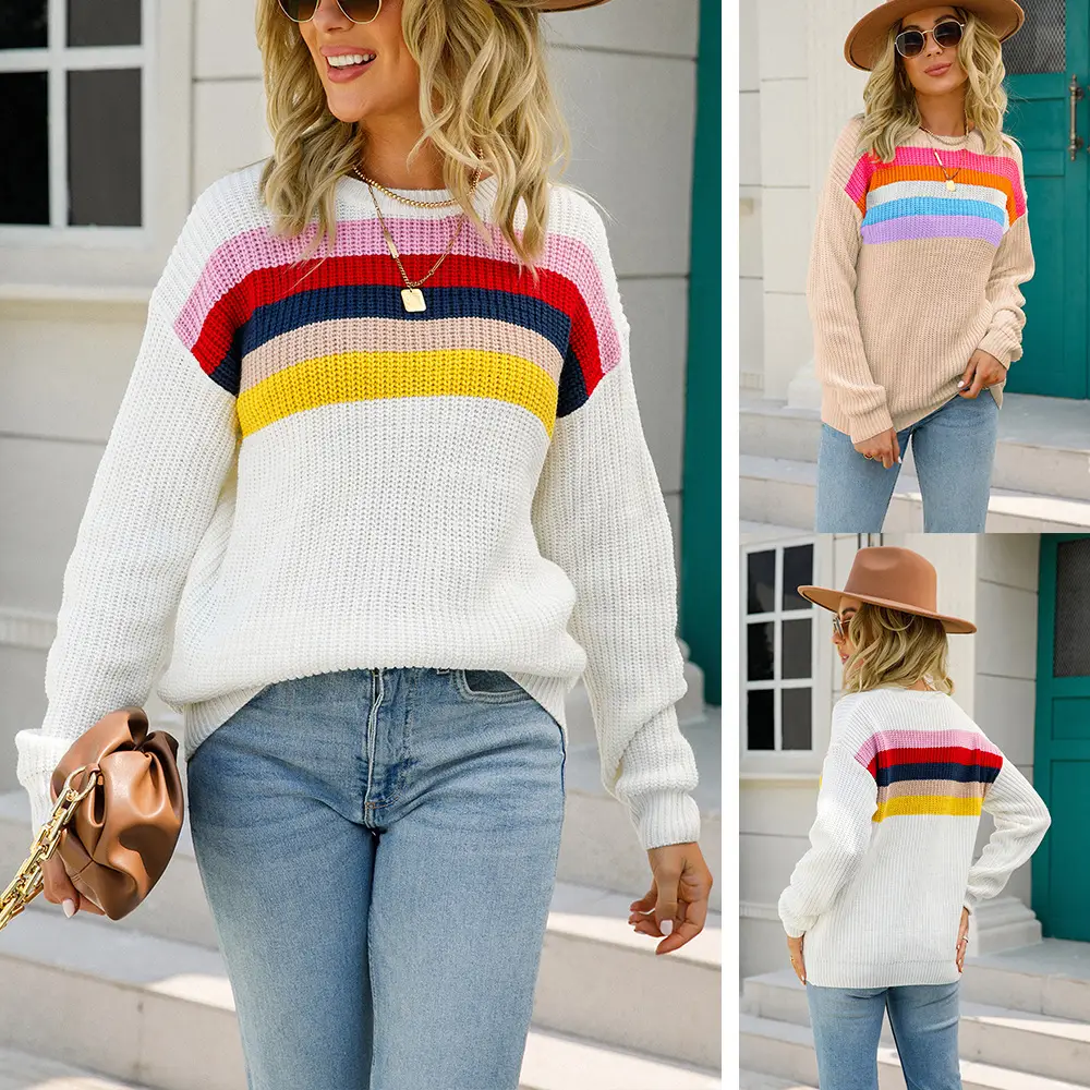 2025 Women's Knit Pullover Sweater Large Colorful Stripes