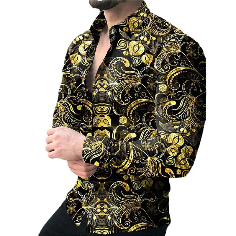 Men's Black Gold Baroque Long Sleeve Shirt