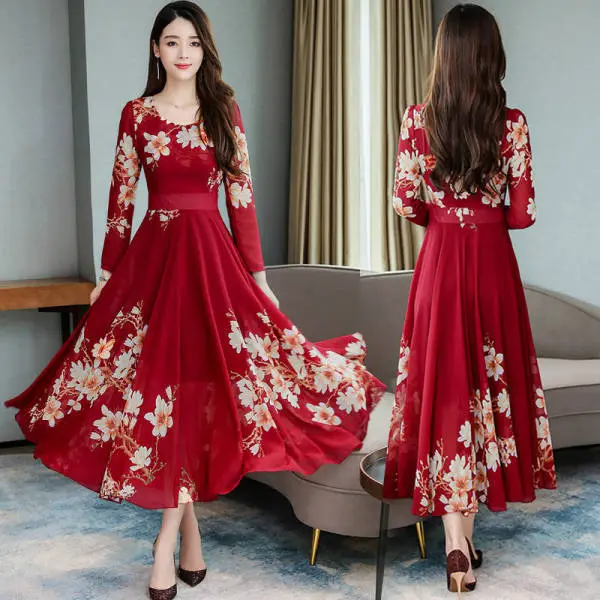 2025 Long Sleeve Floral Red Dress for Women - Image 5