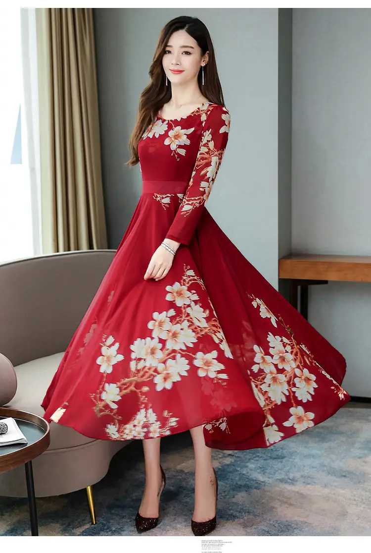 2025 Long Sleeve Floral Red Dress for Women — feature 15