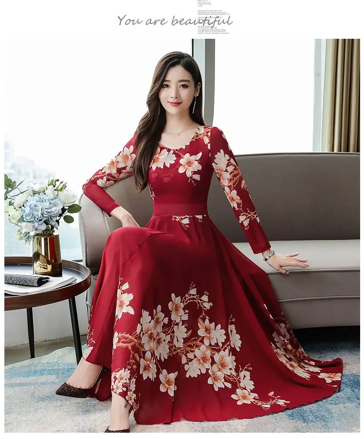 2025 Long Sleeve Floral Red Dress for Women — feature 16