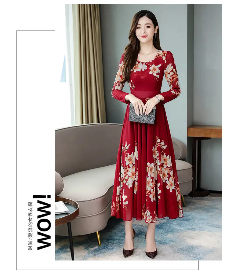 2025 Long Sleeve Floral Red Dress for Women — feature 17