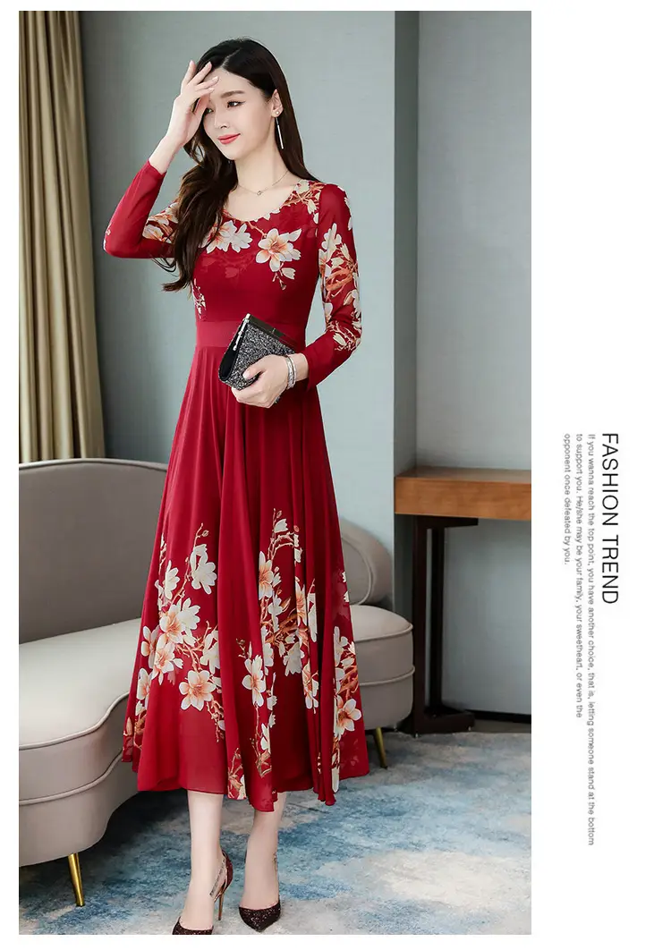 2025 Long Sleeve Floral Red Dress for Women — feature 18