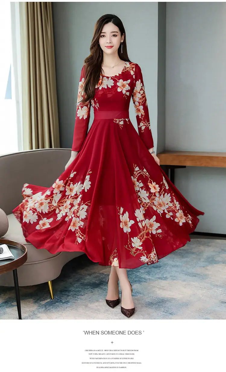 2025 Long Sleeve Floral Red Dress for Women — feature 19