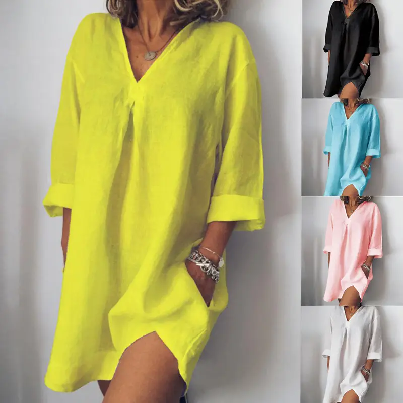 Women's Pink V-Neck Seven-Sleeve Cotton Linen Dress