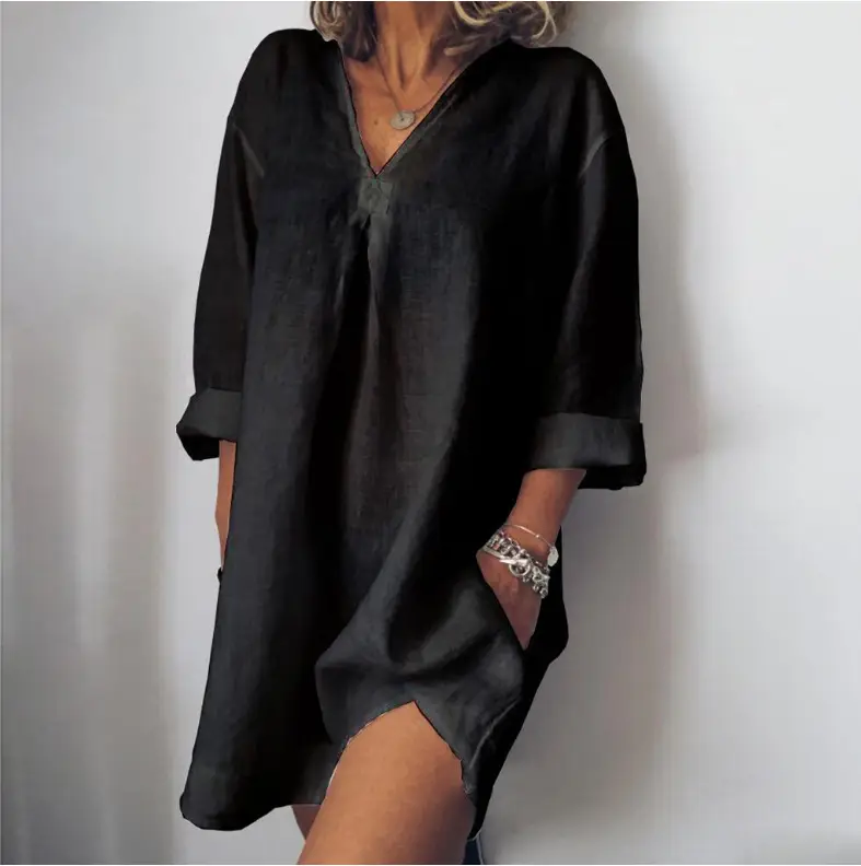 Women's Pink V-Neck Seven-Sleeve Cotton Linen Dress