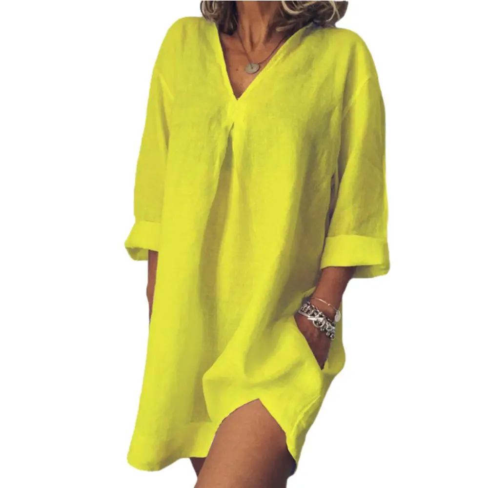 Women's Pink V-Neck Seven-Sleeve Cotton Linen Dress