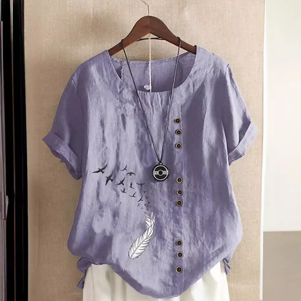 Women Green Printed Cotton T-Shirt Short Sleeve Button Front - Image 13