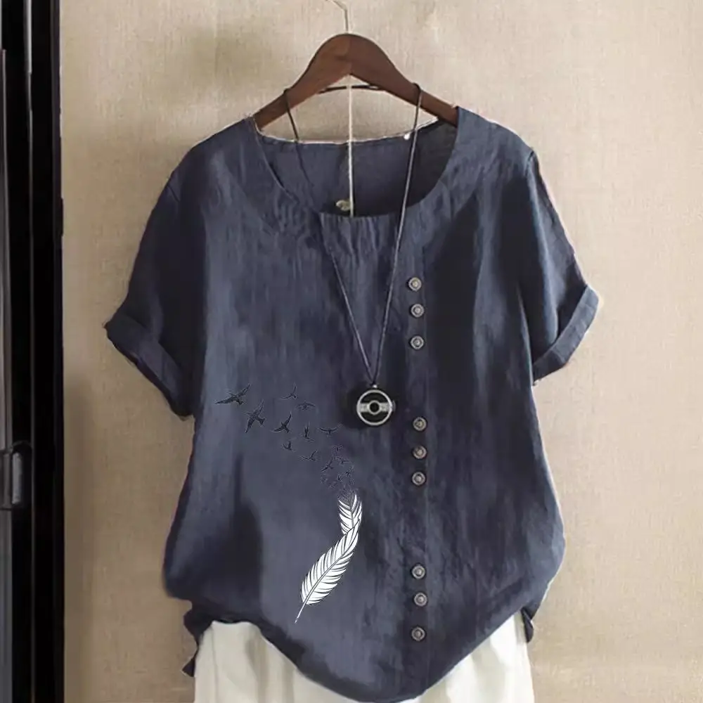 Women Green Printed Cotton T-Shirt Short Sleeve Button Front - Image 14