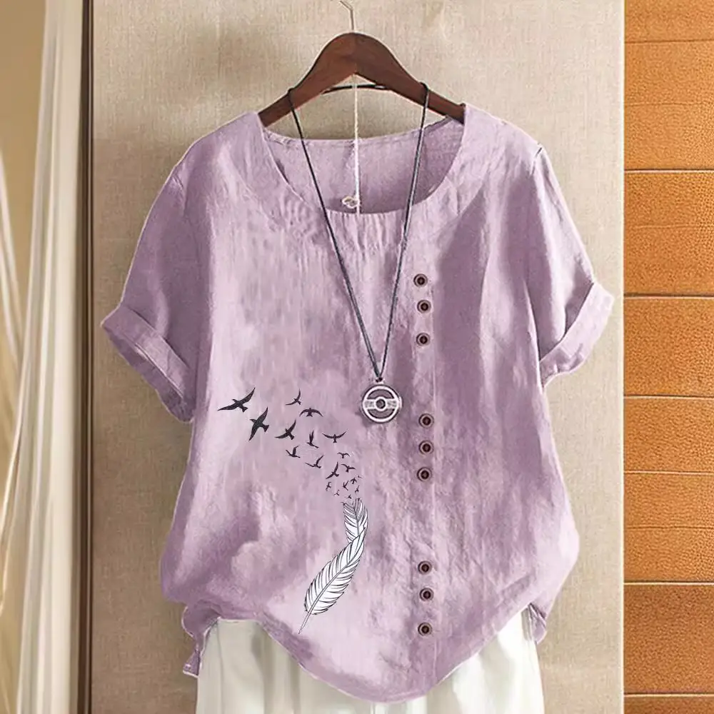 Women Green Printed Cotton T-Shirt Short Sleeve Button Front - Image 15