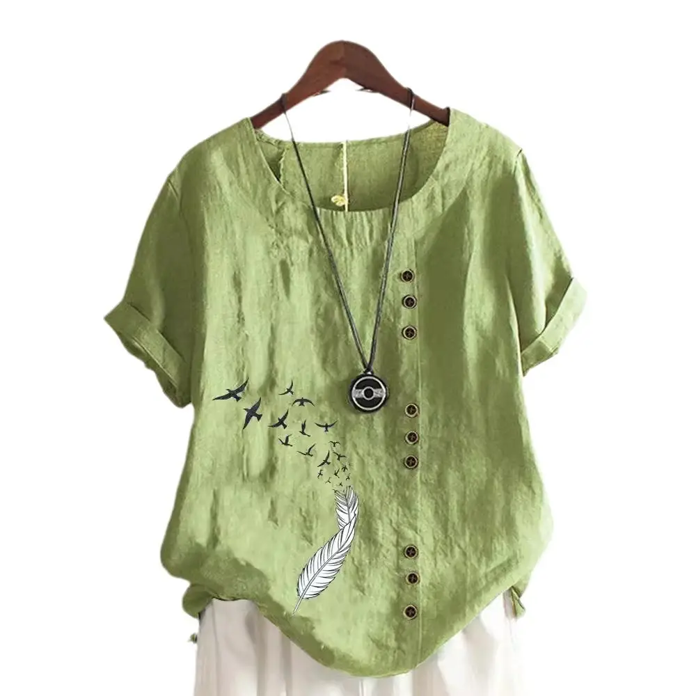 Women Green Printed Cotton T-Shirt Short Sleeve Button Front - Image 16