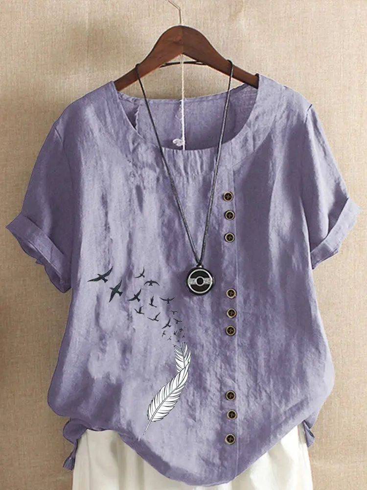 Women Green Printed Cotton T-Shirt Short Sleeve Button Front - Image 10