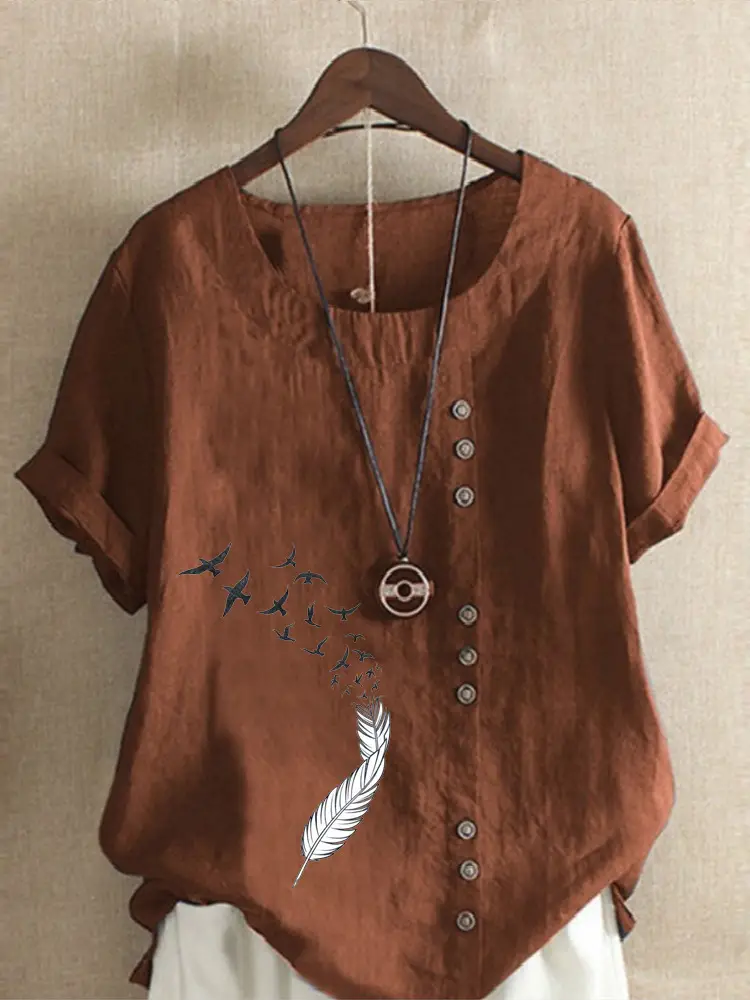 Women Green Printed Cotton T-Shirt Short Sleeve Button Front - Image 11