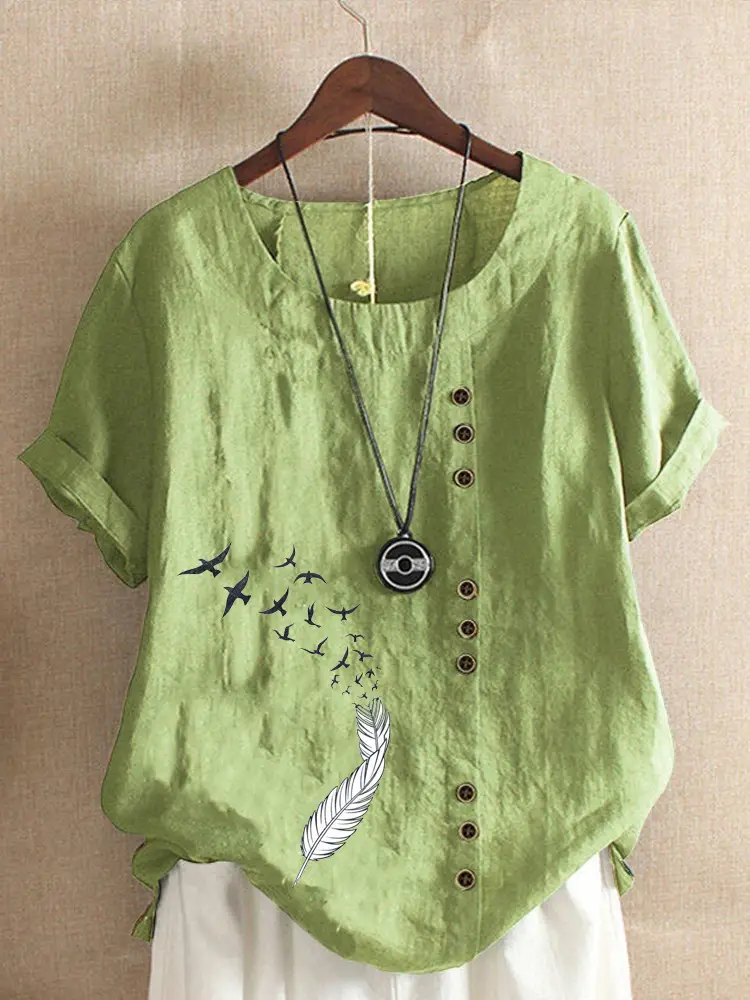 Women Green Printed Cotton T-Shirt Short Sleeve Button Front - Image 4