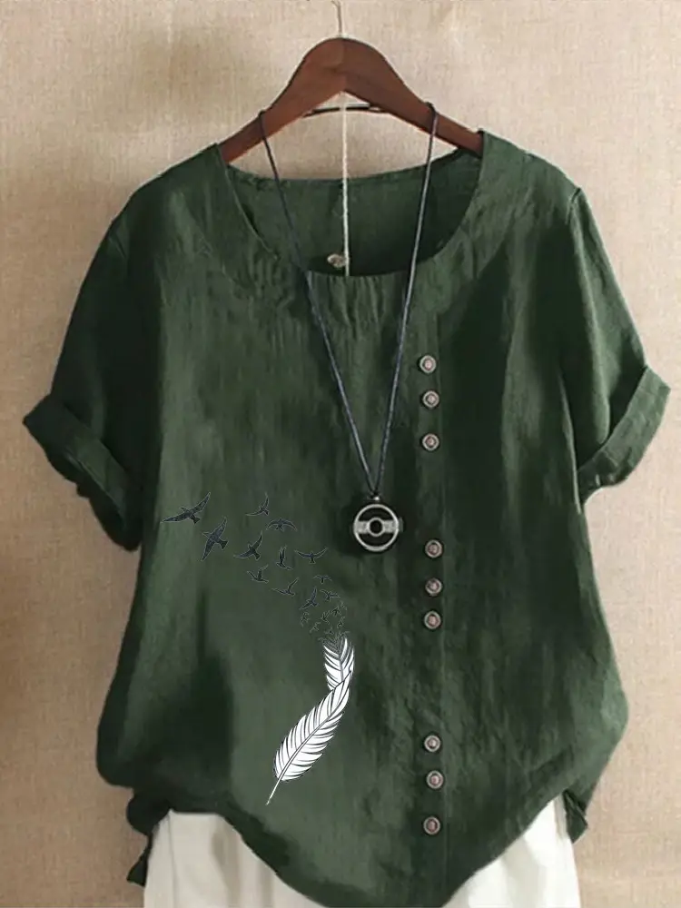 Women Green Printed Cotton T-Shirt Short Sleeve Button Front - Image 5