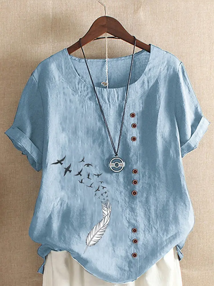 Women Green Printed Cotton T-Shirt Short Sleeve Button Front - Image 6