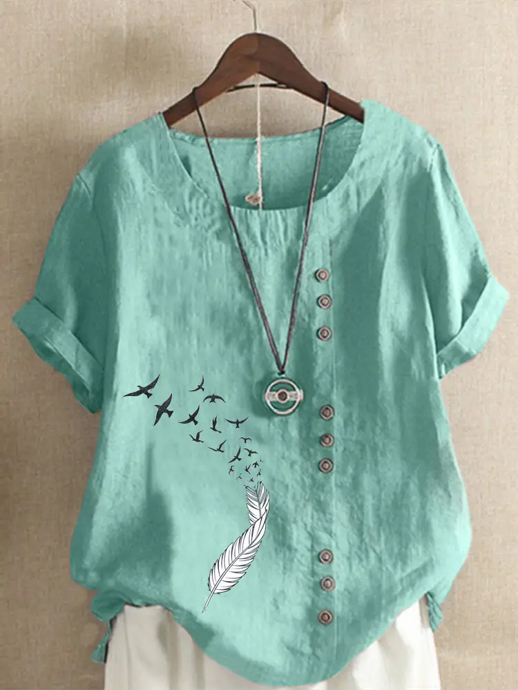 Women Green Printed Cotton T-Shirt Short Sleeve Button Front - Image 8