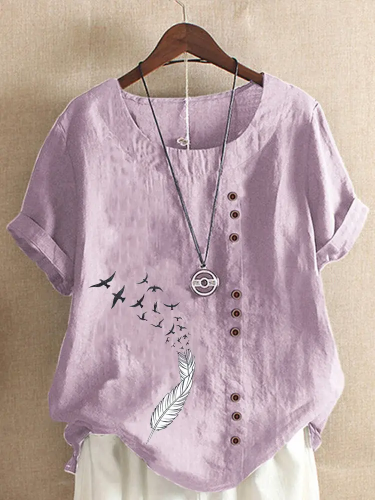 Women Green Printed Cotton T-Shirt Short Sleeve Button Front - Image 9