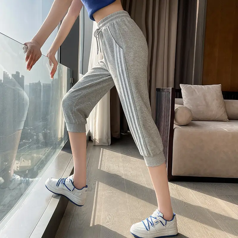 Women Grey Cotton Cropped Pants Summer Casual Fitness Shorts