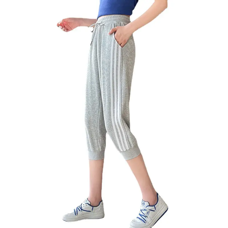 Women Grey Cotton Cropped Pants Summer Casual Fitness Shorts