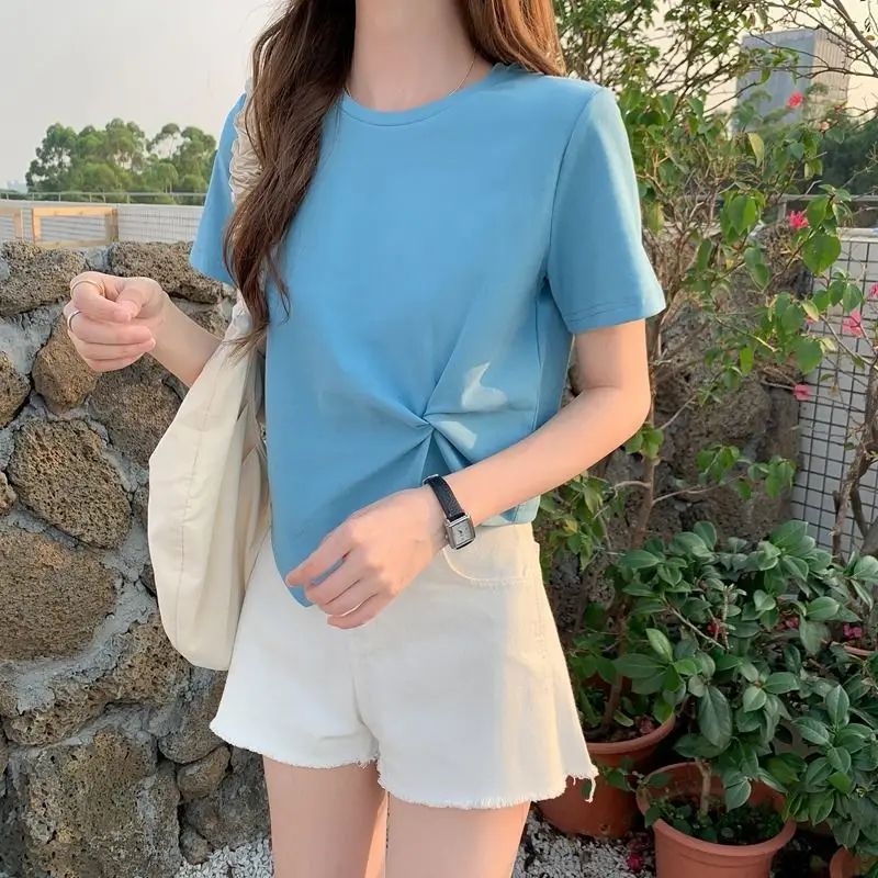 Women 2022 Black Twist Neck Half Sleeve T-Shirt — feature 7