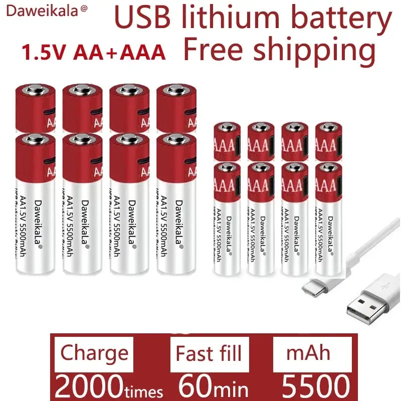 AA + AAA 2022 new large capacity 5500mAh rechargeable lithium ion battery AA 1.5V USB fast charge