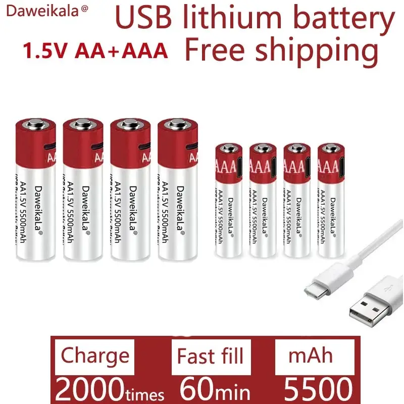 AA + AAA 2022 new large capacity 5500mAh rechargeable lithium ion battery AA 1.5V USB fast charge
