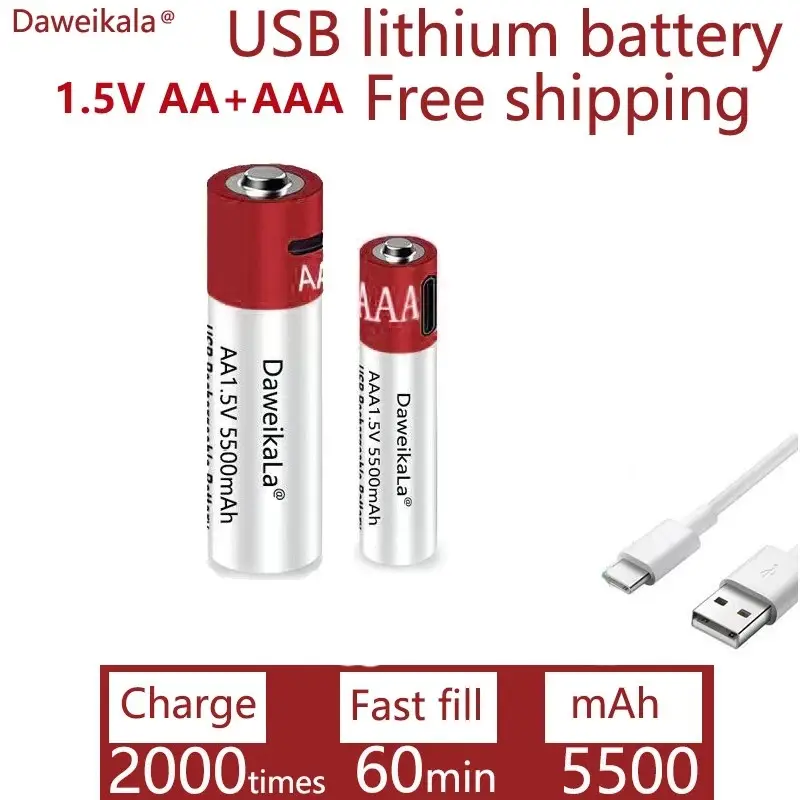 AA + AAA 2022 new large capacity 5500mAh rechargeable lithium ion battery AA 1.5V USB fast charge