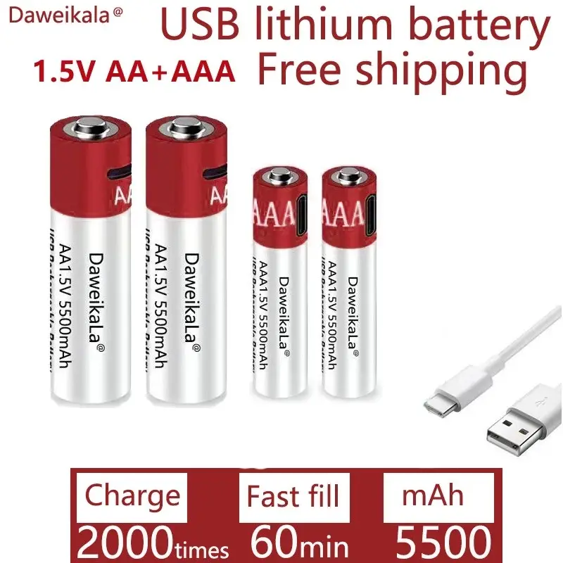 AA + AAA 2022 new large capacity 5500mAh rechargeable lithium ion battery AA 1.5V USB fast charge