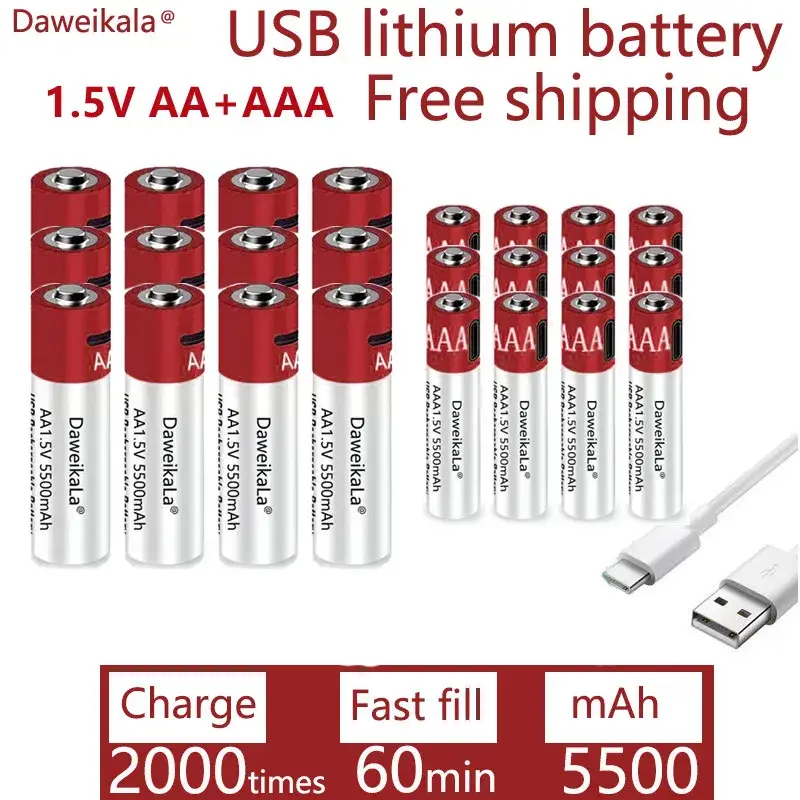 AA + AAA 2022 new large capacity 5500mAh rechargeable lithium ion battery AA 1.5V USB fast charge — feature 6