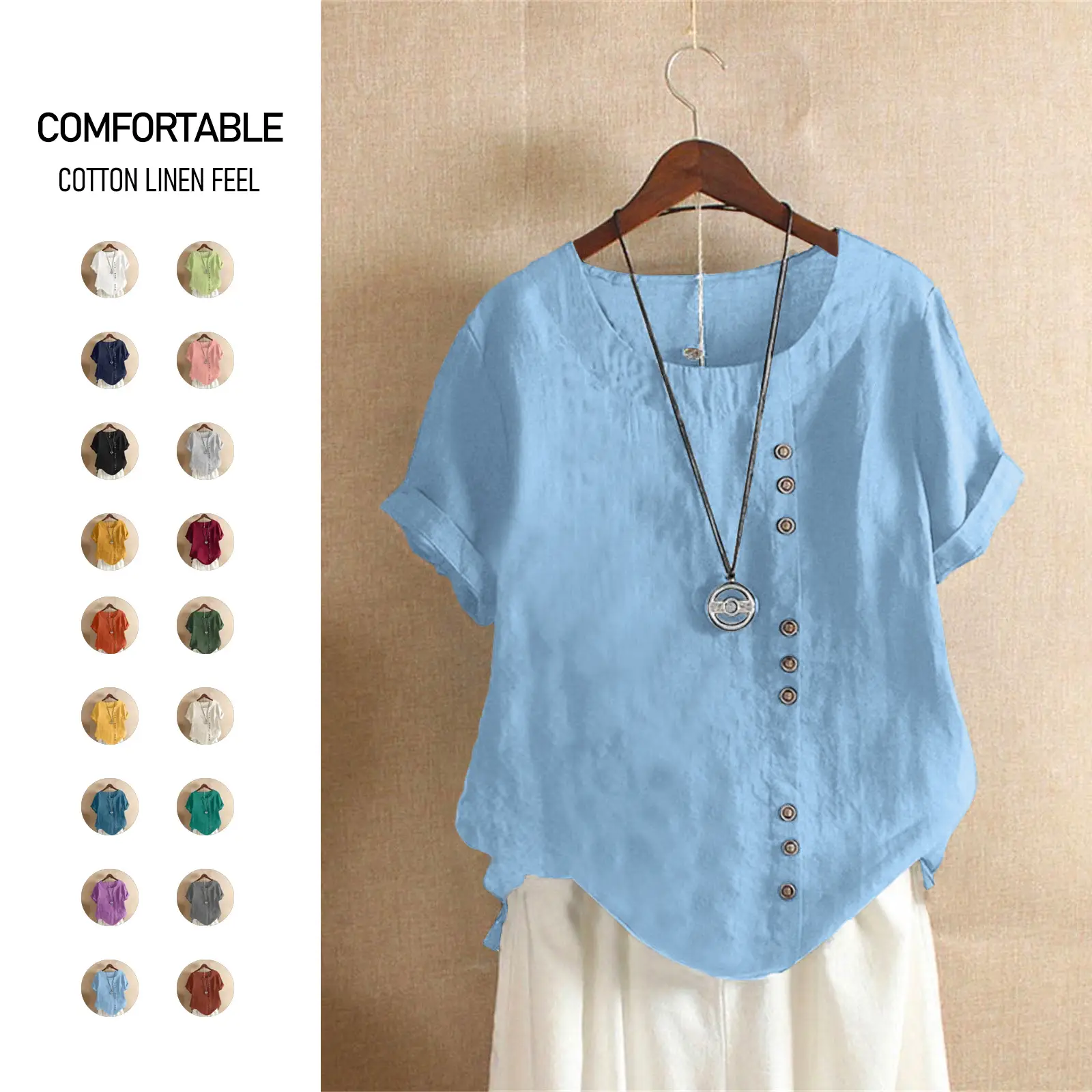 Green Cotton Linen T-Shirt Large Plus Size Casual
