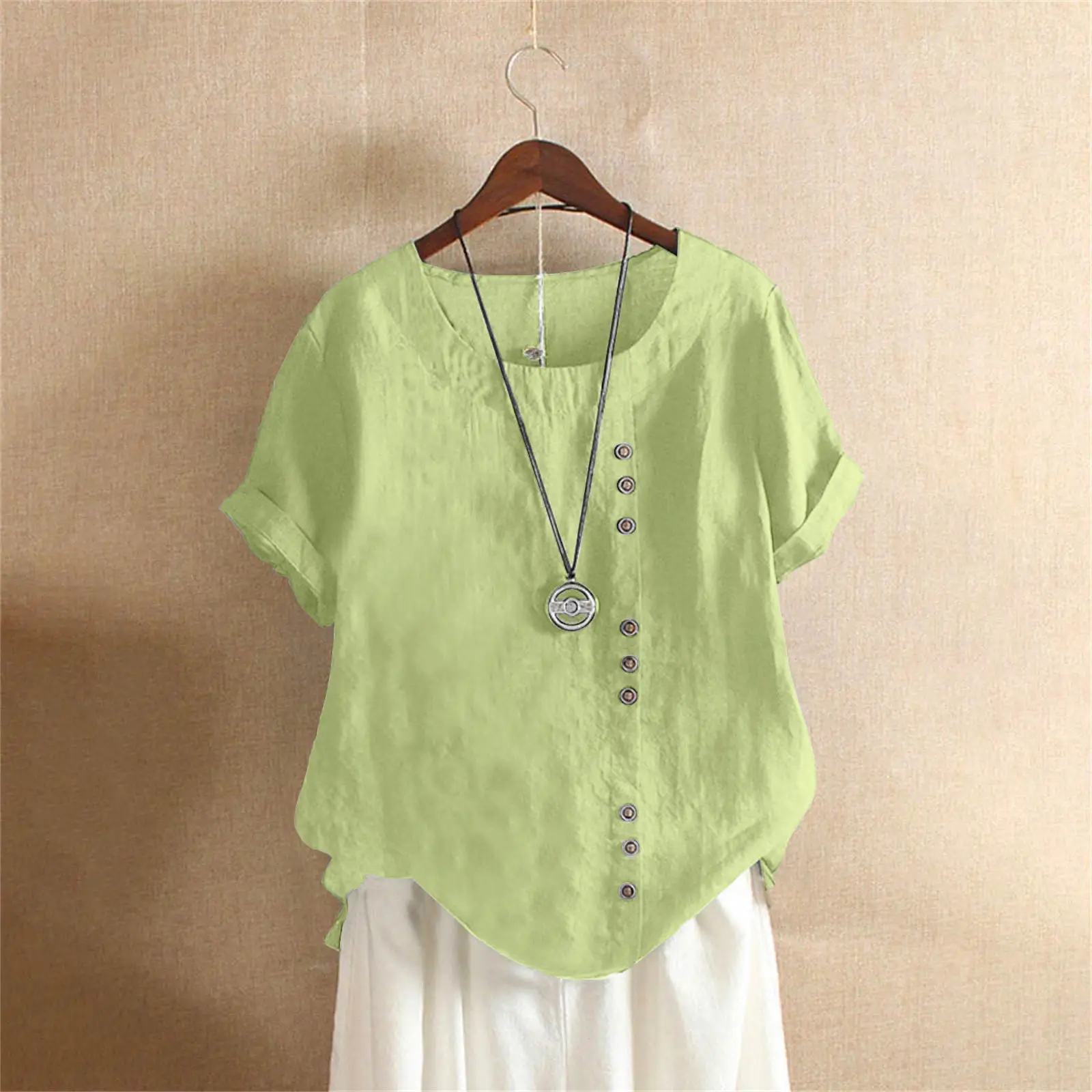 Green Cotton Linen T-Shirt Large Plus Size Casual