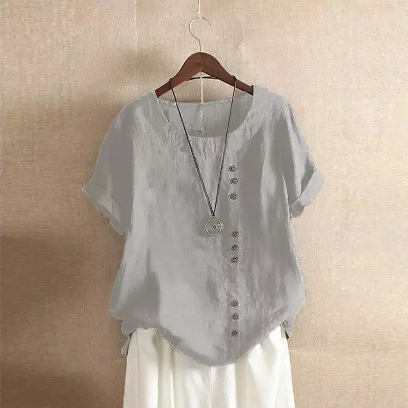 Green Cotton Linen T-Shirt Large Plus Size Casual