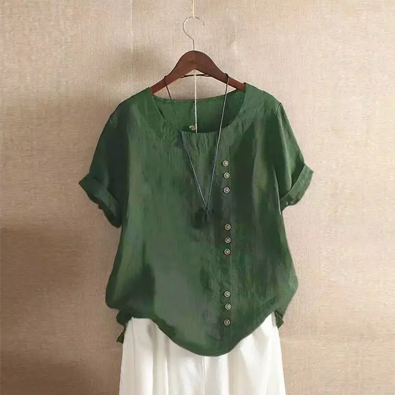 Green Cotton Linen T-Shirt Large Plus Size Casual