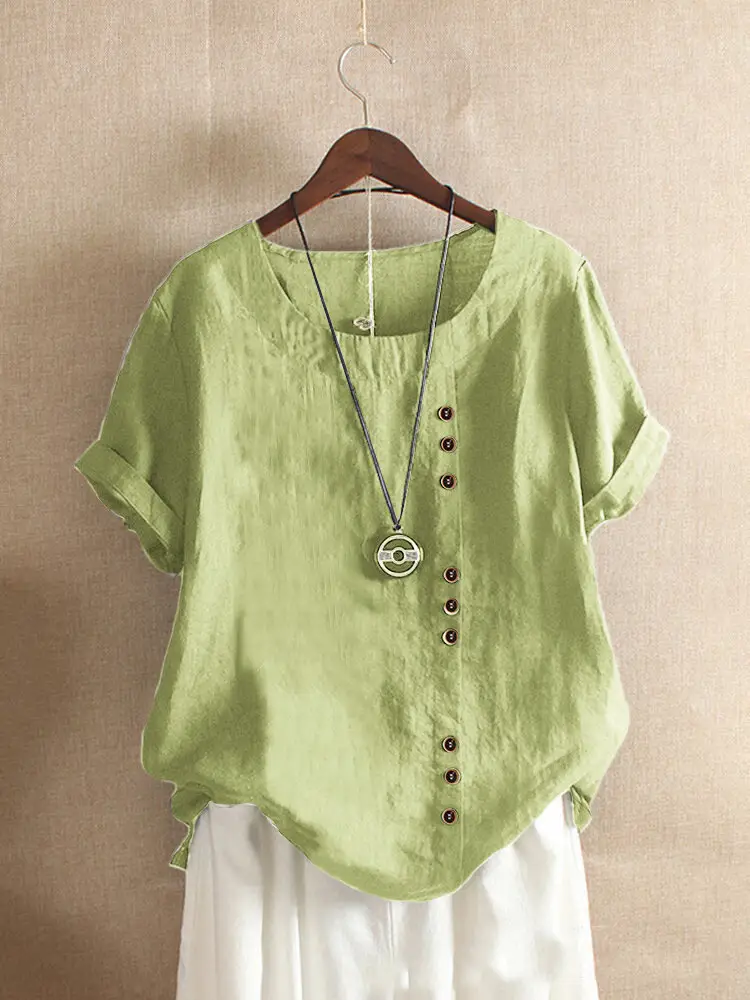 Green Cotton Linen T-Shirt Large Plus Size Casual