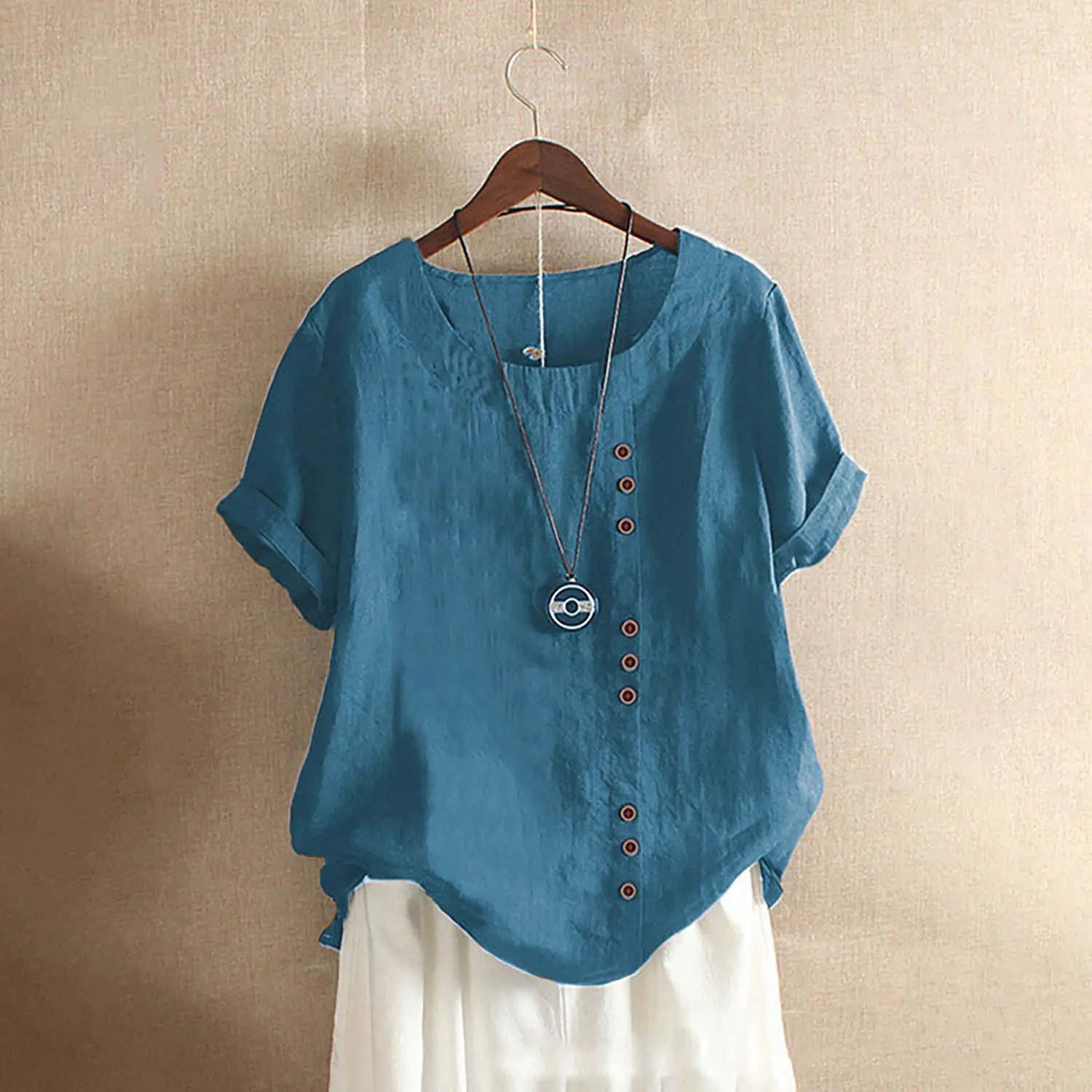 Green Cotton Linen T-Shirt Large Plus Size Casual