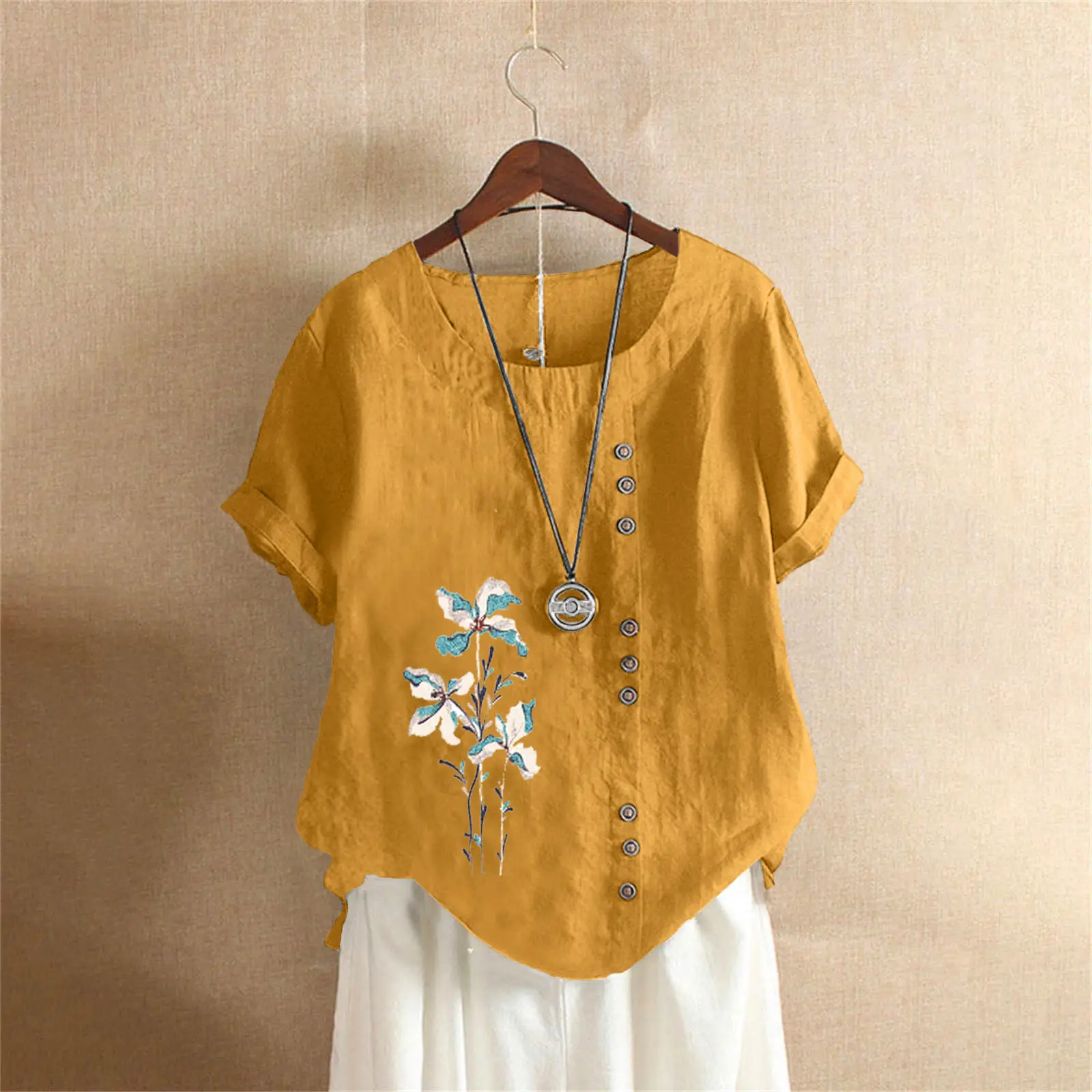 Women Yellow Floral Button Pullover T-Shirt 2025 - Image 11