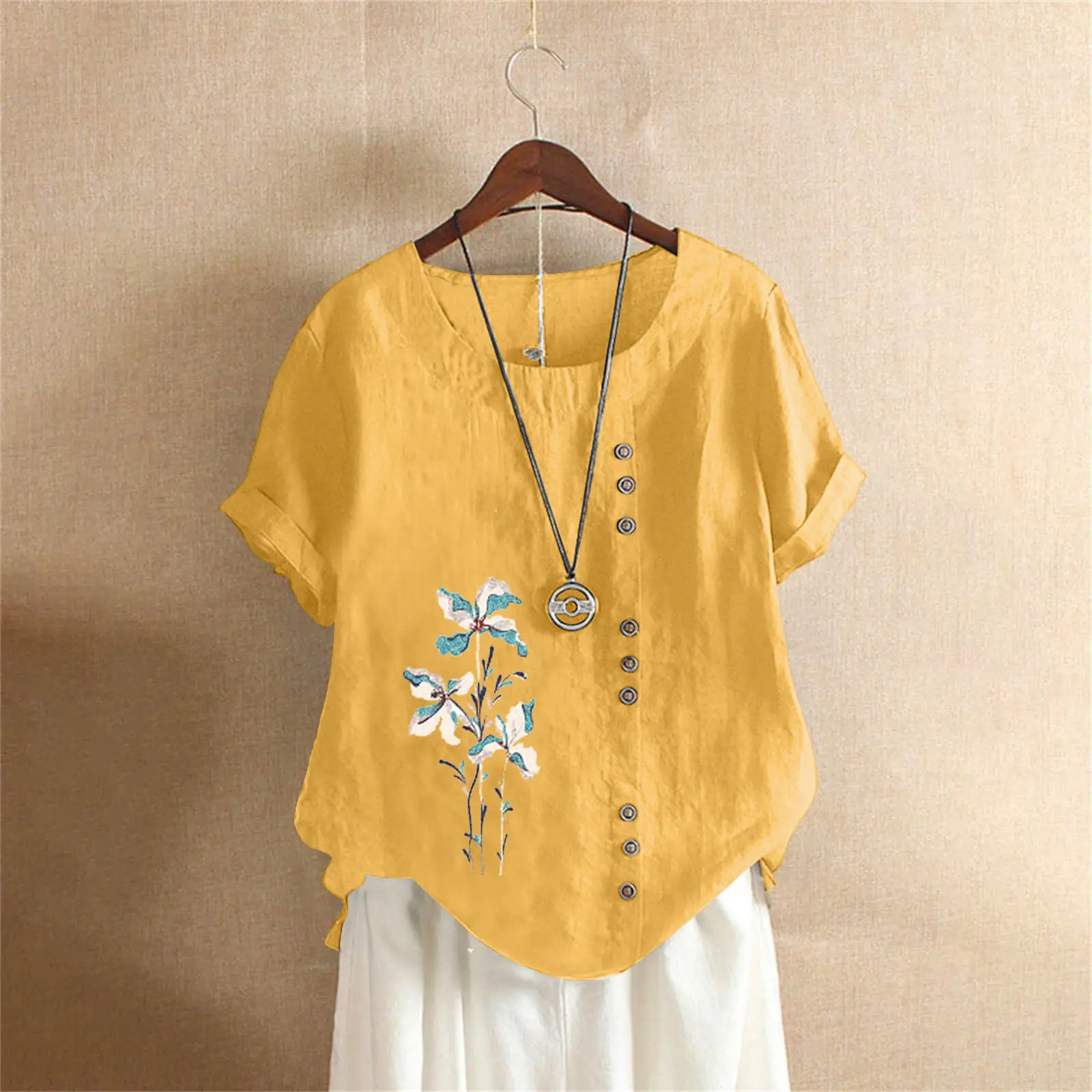 Women Yellow Floral Button Pullover T-Shirt 2025 - Image 9
