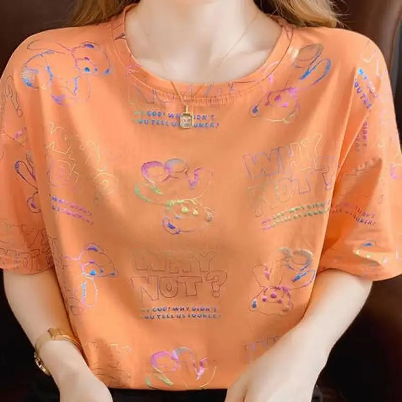 2022 Korean Style Orange T-Shirt Women Loose Cotton Summer Top - Image 2